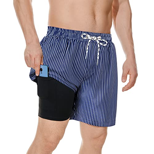 American Trends Traje de baño para hombre, de secado rápido, con forro de compresión, Rayas azules, XXL