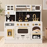BeeBeba Wooden Play Kitchen with Real Light & Sound, Kids Kitchen Playset | Toddler Kitchen Playset with Coffee Maker, Microwave, Oven, Sink & Storage, 29 Pcs Accessories for Cooking & Pretend Play
