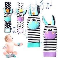 Giraffe Rattle Socks Set, Purple Giraffe Rattle Socks, Cute Animal Wrist Rattles, Baby Rattles Toys Foot Finder Socks, Soft Sensory Toys, Newborn Toys for Baby Baby Shower or Birthday Gifts