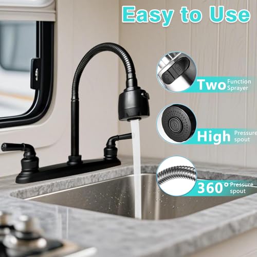 Image of RV Kitchen Faucets,Flexible Spout RV Kitchen Sink Faucet Replacement with Two Handle-8 inch Main Body,High Arch-360 Swivel Replace for RV Home Campers Motorhomes Travel Trailers,Black