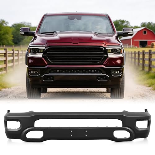 VRC Front Bumper Face Bar Compatible with 2019 2020 2021 2022 2023 2024 RAM 1500 Bumper with Fog Lights Holes Black Steel One-Piece Bumpers Replacement for CH1002406 (Black)