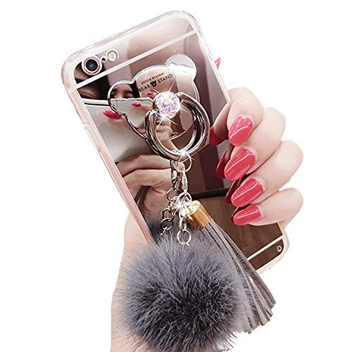 Capa para iPhone 7/8, Bola de Pele Luxuosa de Borracha Macia Bling Diamond Glitter Mirror Makeup Cas