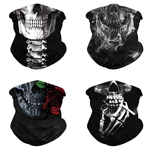 GLUDEAR 4 Pack Face Bandana Balaclava for Men Women, Sun UV Protection Reusable Half Mask Scarf Cycling Neck Gaiter,Halloween Skull