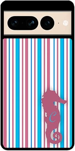 Sea Horse Blue Ocean Pin Stripes Initial Black Rubber Phone Case Compatible With Google Pixel 10, 10 Pro, 10 Pro XL, 9a, 9 Pro, Pixel 9, Pixel 9 Pro