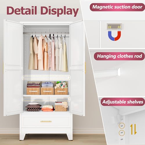 Image of GAIOUS Metal Armoire Wardrobe Closet Cabinet with 2 Doors and Drawer, 71 inch
