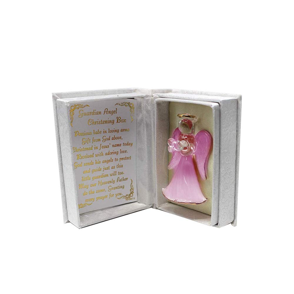 Guardian Angel Gift Ornament Glass, White Crystal Box, Holy Angel Prayer, Blessing Gift for Women and Men (Christening Box- Pink)
