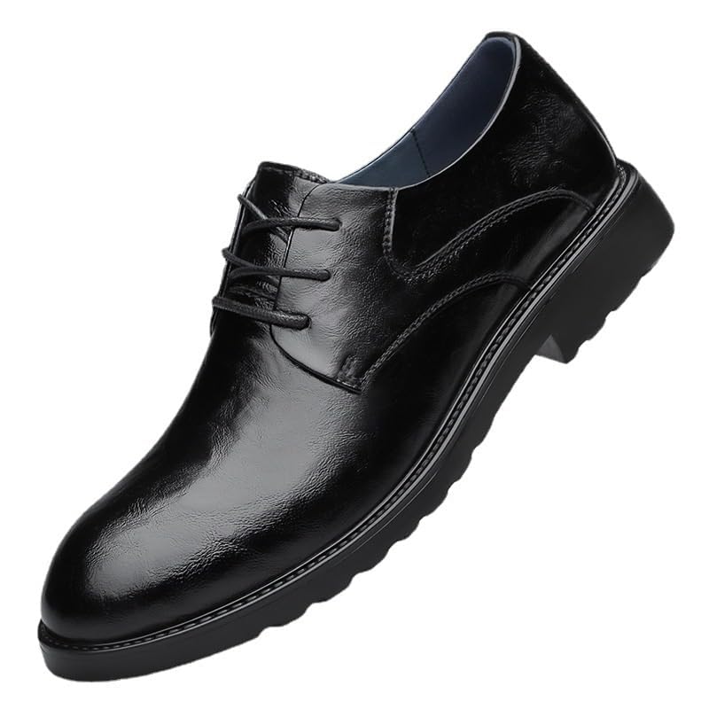 Men's Leather Dress Loafers, Classic Slip-On Formal Shoes Hand-Stitched Comfort Mid Chunky Heels Non-Slip Sole Business Work Low-Top Footwear