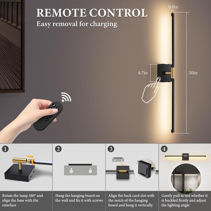 Image of SAIMAND Wireless Sconces Set of 2 Battery Operated,8000mAh USB Rechargeable Wall Light with Remote Control,3000K-6000K LED Dimmable Wall Lamp for Living Room, Hallway, Bedroom (Black+Gold)