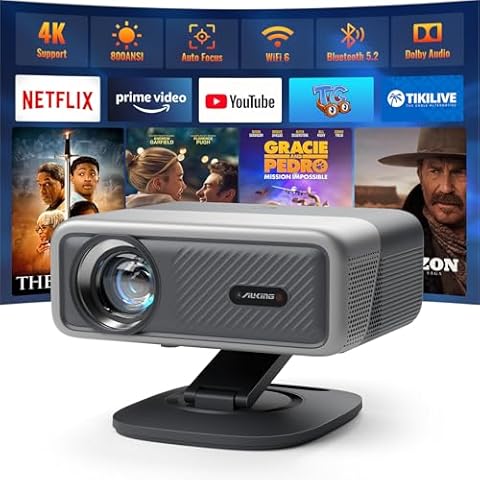 [Netflix Officially&AI Auto Focus]AuKing Smart Projector with Wifi and Bluetooth,Auto Focus&Keystone Projector 4K, 3D DoIby Audio, 800ANSI Outdoor Projector with Omnidirectional Rotating Stand(Grey) Cover