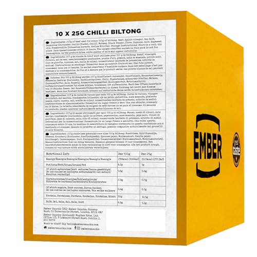 Ember Snacks - Biltong Beef Jerky (25g x 10 Chilli) Proteinreich, kalorienarm. Fettarmer, Snack für unterwegs, hergestellt aus britischem und irischem Rindfleisch