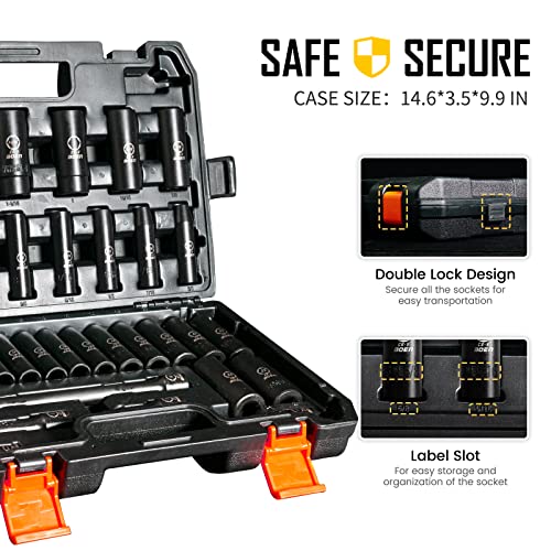 Boen 1/2" Drive Deep Impact Socket Set, 35 Piece Socket Set Sae 3/8" To 1-1/4" | Metric 8 To 24Mm, Includes Extension Bars, Universal Joint And Adapter, 6 Point, Cr-V Steel, Double Lock Storage Case #TOP5