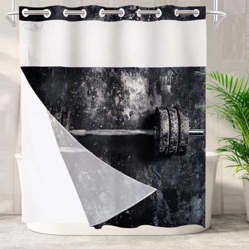 Batmerry Fitness Equipment Strength Training No Hooks Shower Curtain with Snap in Liner Set, Weightlifting Gear Gym Bathroom Decor Polyester Quick-Drying Waterproof for Bathtubs, 71X86 in
