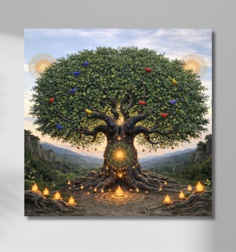 Image of Kunj Cart Kalpavriksha Tree Painting | 8+ DESIGNS | Kalpvriksh Tree Wall Painting | Lucky Tree Wall Art For Living Room, Bedroom and Office Decor | Canvas Painting for Wall Decoration (Design - A, 12x12 Inch, Framed)