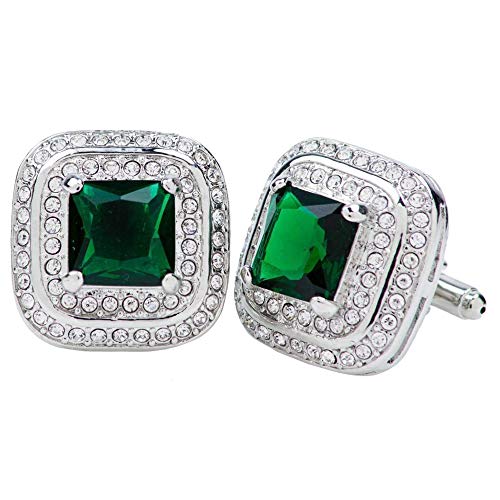Vittorio Vico Square Colored Crystal Double Diamond Set Cufflinks for Men - Unique Mens Jewelry - Best Gift for Him, Dad, Uncle, Bestfriend, Groom (Silver Metal, Green Crystal)