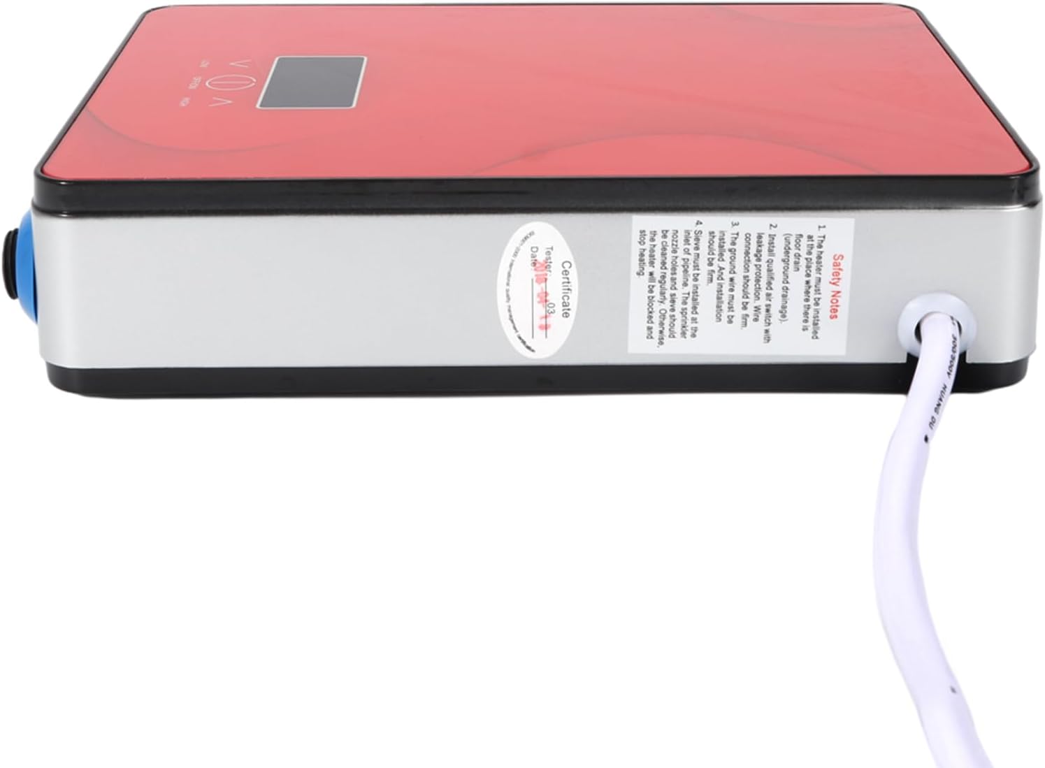 Dimensions of the DSK-65 water heater showing length, width, and height