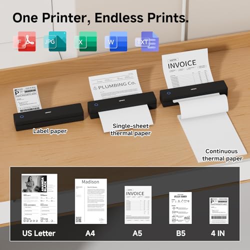 Image of HPRT MT620 Pro Portable Printer Wireless for Travel, Inkless Thermal Printer for iOS /Andorid /Laptop, Support Thermal Paper & Labels,Supports 8.5 inchx 11 inchUS Letter & A4, A5 for Office /School /Vehicles