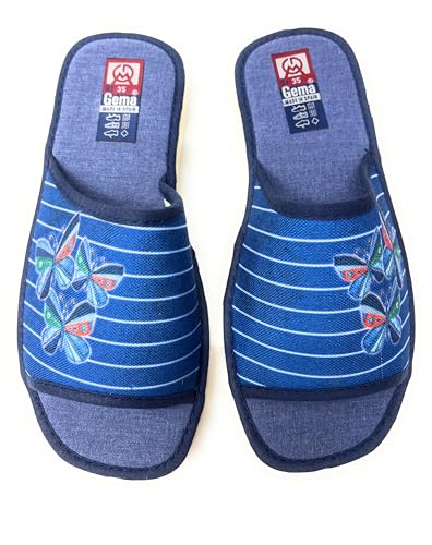 Gema García.Zapatillas de Casa Mujer, Azul,Estampado de Mariposas,Rayas,Pantuflas de Verano.Fabricadas en España. (Azul, Una talla, Sistema tallas calzado EU, Adulto, Mujer, Números, mediano, 40)