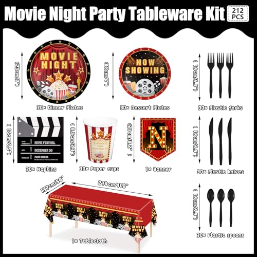 170pcs Movie Night Party Supplies Now Showing Paper Plates Napkins Disposable Tablecloth Banner Cups Theater Hollywood Clapboard Napkins Red Carpet Birthday Party Decorations 24 Guests - Image 2