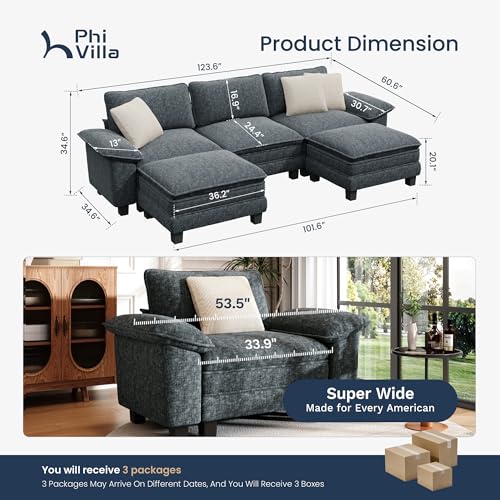 Image of PHI VILLA Cloud Modular Couch Sets, 123.6 inch Oversized Sectional Sofa with U-Shaped Chaise, 5-Seater Couches with 2 Movable Ottomans for Living Room, Chenille Dark Cyan