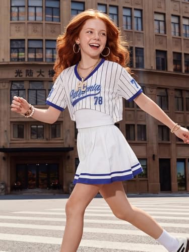 Image of PureChapter Tween Girls 2 Piece Outfits Short Sleeve Tops and Pleated Skirt Set, Cute Pleated Skirt for Girls Size 7-14