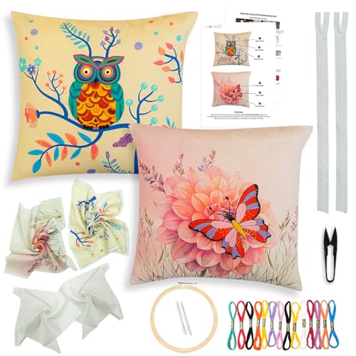 Image of picknMAKE Pack of 2 DIY Cushion Cover Hand Embroidery Kit for Beginners & Adults - Owl & Butterfly Medley | 16 inchx16 inch Cross-Stitch Pillow Covers with Digitally Printed Fabric, Threads, Hoop & More