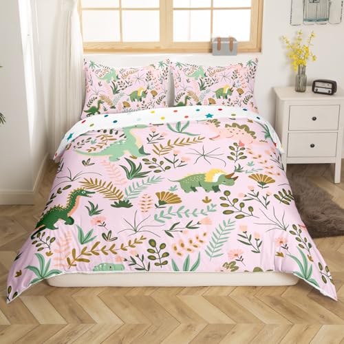 Cute Dino Pink Kids Duvet Cover Set Toddler Size,Kawaii Green Dinosaur Reversible Bedding Set for Kids Girls,Cartoon Wildlife Floral Leaves Plant Quilted Cover with 1 Pillowcase (NOT Comforter)