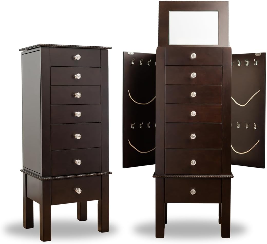 Alveare HomeHelena Standing Jewelry Armoire โ Elegant Storage with 6 Drawers, Jewel Knobs, Mirror, Ring Rolls, Necklace Hooks & Cord Management โ Espresso Finish