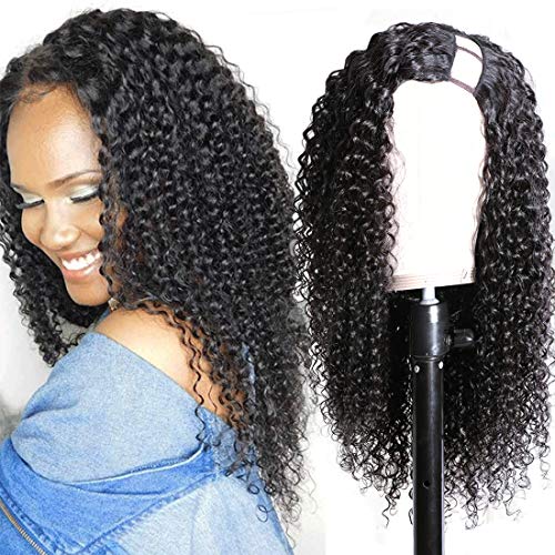 Nadula Hair U Part Jerry Curly Wigs Virgin Brazilian Human Hair Curly U Shape Wigs Remy Hair Non Lace Wigs With Straps Combs Clip in Half Wig for Black Women 150% Density Natural Color (24 inch)