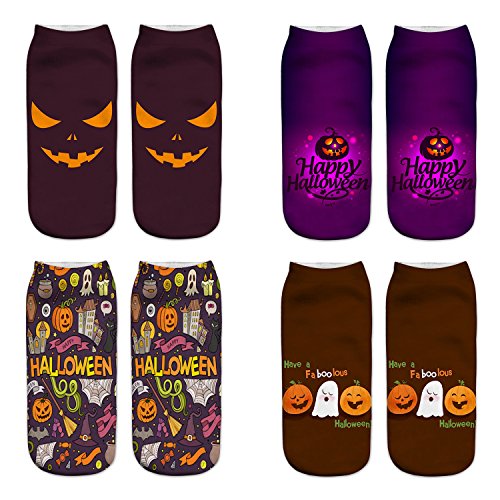 3D Cartoon Funny Low Cut Ankle Socks Amazing Novelty Print Cat Emoji Hallowen Boat Socks 4 Pack-Halloween C SC7