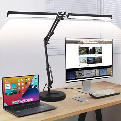 2-in-1 LED Desk Lamp, 24W Brightestwith Table Lamp with Clamp, Desk Light with Flexible Swing Arm,3 Color Modes Stepless Dimmable Double Head Architect Desk Lamps for Home Office Workbench R
