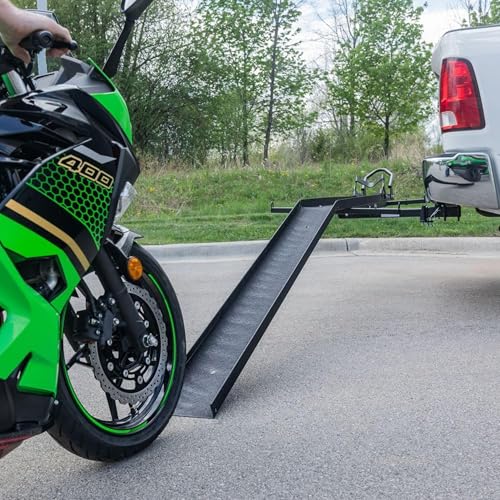 Image of Black Widow Steel Motorcycle Carrier with Ramp for 2-Inch Receiver, 600 lb Capacity - Hitch-Mounted Dirt Bike and Scooter Hauler with Grit-Coated Track and Anti-Rattle Device for SUVs and Trucks