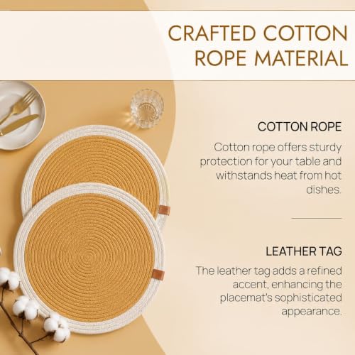 Image of Cotton Rope Placemats, Round Red with White Border, Set of 4, Heat Resistant Table Mats (Yellow and White)