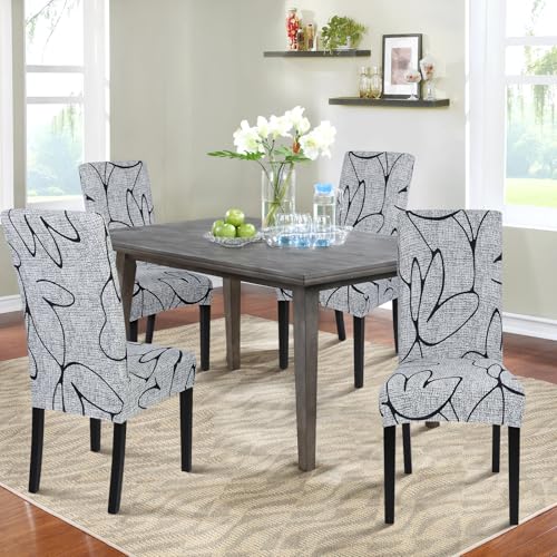 Image of SearchI Dining Room Chair Covers Set of 4, Stretch Printed Parsons Chair Slipcovers Spandex Removable Washable Kitchen Chair Protector Cover for Dining Room, Hotel, Ceremony (Grey Lotus+White Texture)
