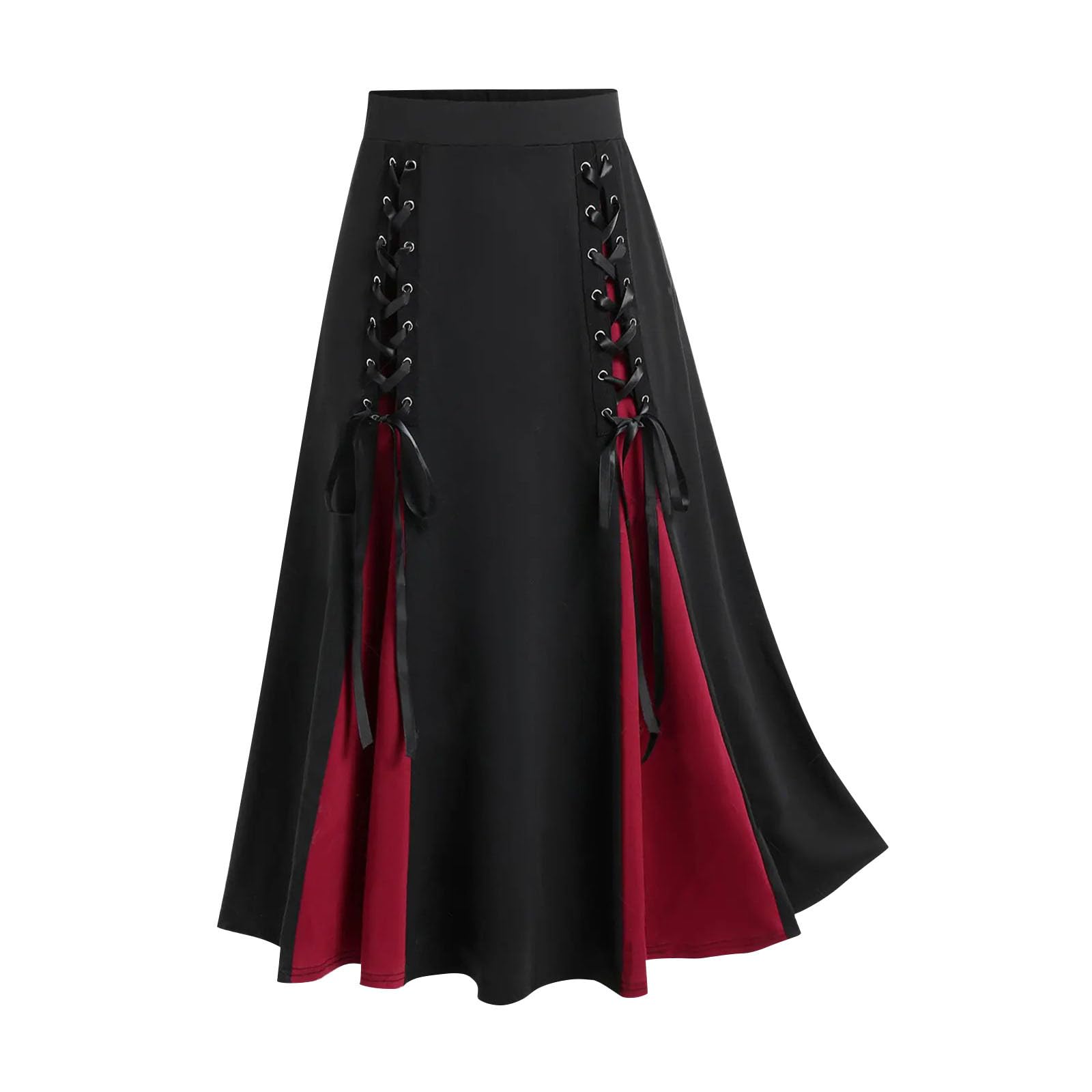 RIKAY Corset top Victorian Pirate Skirt Women Midi Gothic Skirt High Waist Halloween Costumes Lace Patchwork Bandage Pleated Skirt Steampunk Vintage Steampunk Renaissance Skirt Red