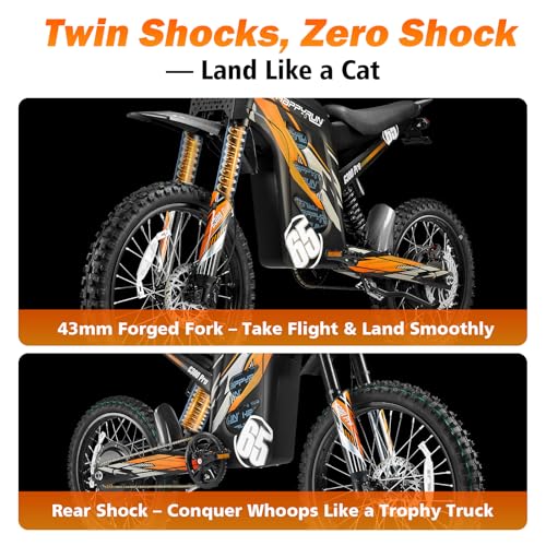 Image of HAPPYRUN G300 Pro Electric Dirt Bike for Adults, 72V 30Ah Battery, 6500W Motor, 50 MPH Speed, 70 Mile Range, 350 Lbs Load Capacity, Hydraulic Brakes