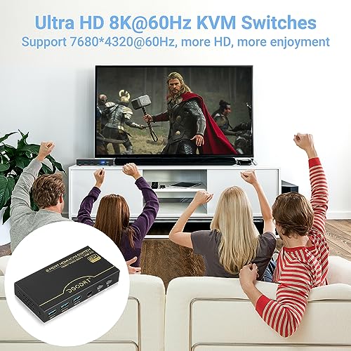 Image of HDMI KVM Switch 8K, 2 Port KVM Switch 8K@60Hz 4K@120Hz for 2 Computer Share 1 HD Monitor and 3 USB 3.0 Devices, Including 2 HMDI 2.1 Cables & 2 USB 3.0 Cables