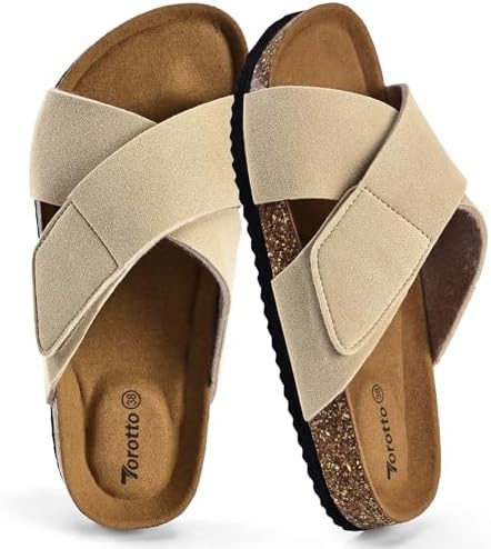 Torotto Damen Pantoletten mit Kork-Fußbett und verstellbarem Riemen - Bequeme Hausschuhe für Indoor und Outdoor - Weiches Obermaterial mit Gummisohle