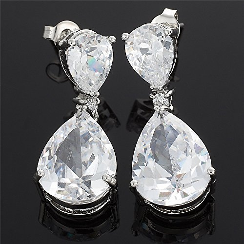 Rizilia Celebox Teardrop Dangle Pierced Earrings With Pear Cut Cz [White Cubic Zirconia] In White Gold Plated, Celebrity Inspired By Angelina Jolie #TOP3