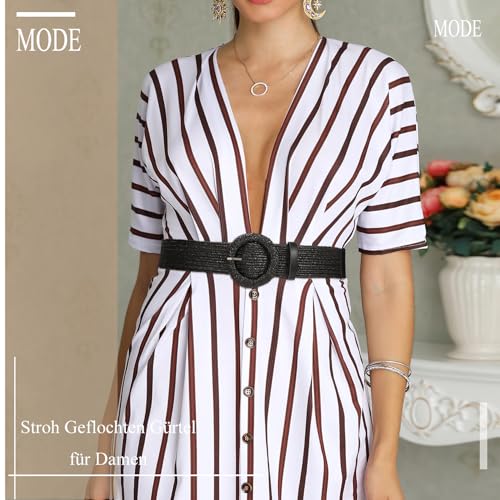 JasGood Stroh Geflochten Elastischer Gürtel für Damen Breiter Taillengürtel Rattan Gewebter Boho Gürtel für Kleider,Schwarz,110cm