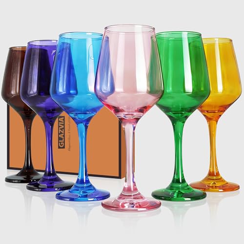 GLAZVIA Multi Colored Wine Glasses Set of 6, 12oz Stemmed Glasses, Thick & Colorful, Dishwasher Safe Stemware for Red or White, Gift for Party, Holiday, Anniversary, Restaurant, Home Bar
