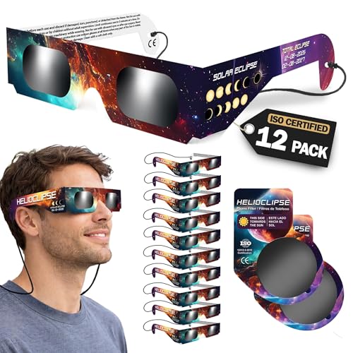 Helioclipse 12 Pack Solar Eclipse Glasses 2026 - Trusted for Direct Solar Eclipse Viewing - Iso 12312-2 & Ce Certified - Bonus 2x Phone Filter