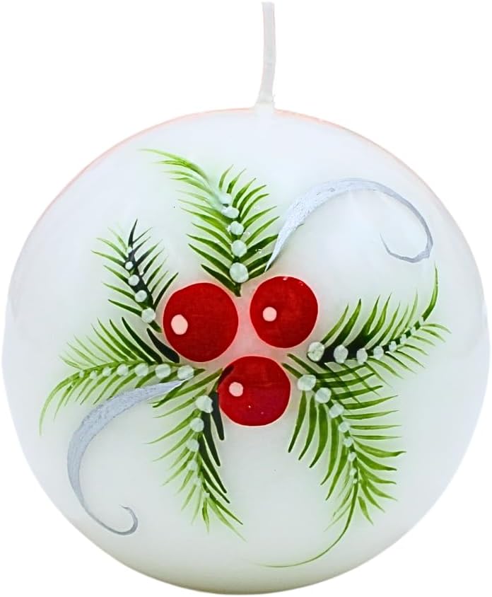 Elegant Ball Candle, Table Candle, Decorative Candle, Wax Candle with Christmas Motif, Christmas Candle as a Ball 10 cm with fir Branches and Berries, in White, red and Green.