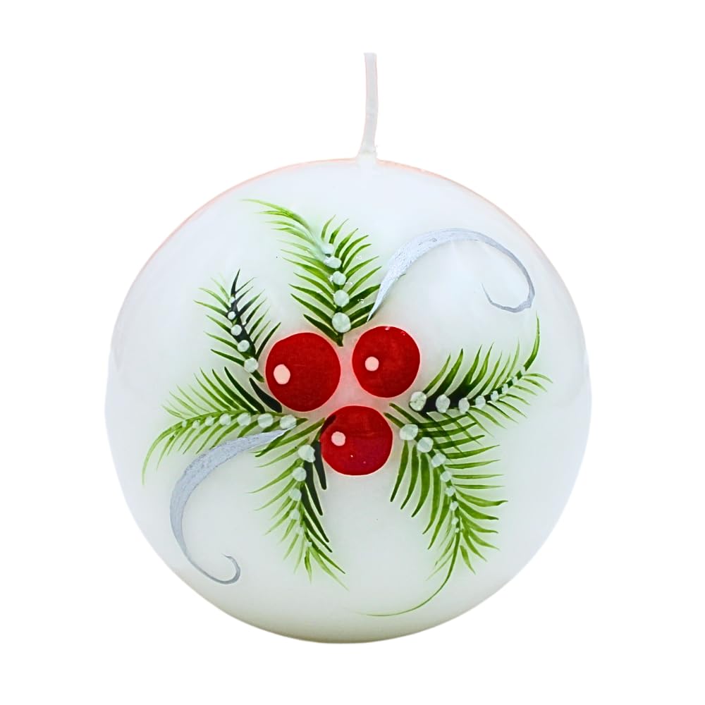 Dekohelden24 Elegant Ball Candle, Table Candle, Decorative Candle with Christmas Motif, 10 cm with Fir Branches and Berries in White, Red and Green