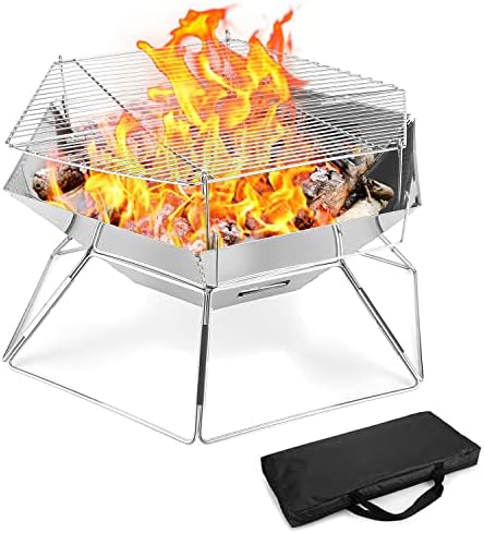 Odoland Collapsible Campfire Grill Camping Fire Pit, 304 Stainless Steel Grill Gate, Heavy Duty Portable Camping Grill with Carrying Bag