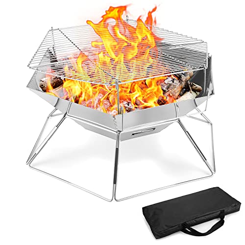 Odoland BBQ Fire Pit Portable Campfire Pit Collapsible Camping Grill 304 Stainless Steel Barbecue for Camping Picnic Terrace Garden with Carrying Bag M （31*31*21cm）