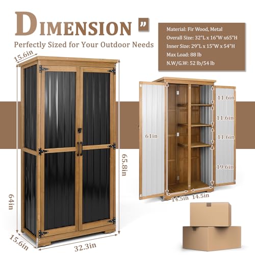 Image of Outdoor Storage Cabinet, Wood & Metal Storage Shed with Weather-Resistant Roof, Removable Shelves, Lockable Doors, Outside Storage Tool Organizer for Garden, Patio, Backyard, Garage, Pool
