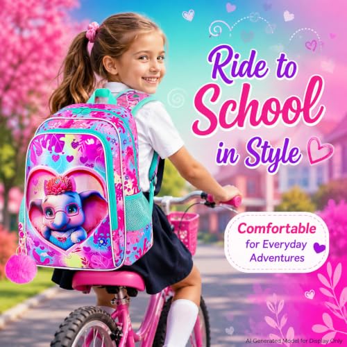 Image of 16 inch Girls Backpack, 3Pcs Elephant School Bookbag with Lunch Box, Kids Backpacks for Elementary Preschool Kindergarten(Pink)