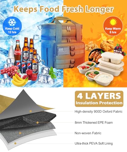 Tactical Lunch Box for Men, Large Insulated Lunch Bag for Adult, Heavy Duty Double Deck Expandable Lunch Cooler Bag with American Flag, Leakproof Soft Lunch Pail for Work Office Camping - Brown - image 5