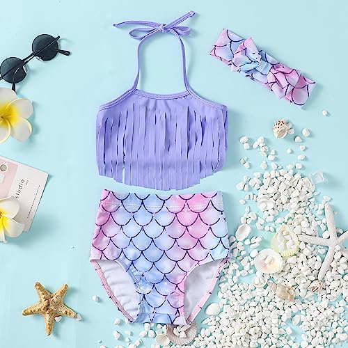 Infant Baby Girl Bikini Swimsuit Mermaid Bathing Suit Tassels Fish Scale Bowknot Toddler Swimwear Summer Outfits Set (Purple 2#, 2-3 Years) #TOP1