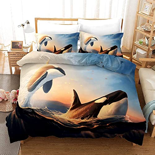 XCDMSM Bettwäsche-Set, 3D-Druck,Orca Vater und Sohn BettwäSche Mikrofaser Bettbezug Mit ReißVerschluss Kissenbezug 1 Bettbezug 135 x 200 cm, 1 Kissenbezüge 80 x 80 cm.